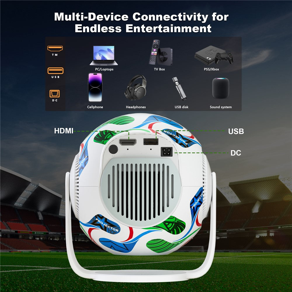 TP360 Fodbolddesign Mini Smart Projektor Android 14.0 WiFi 6 Bluetooth-kompatibel 5.4 270 Graders Rotation til Hjem Udendørs