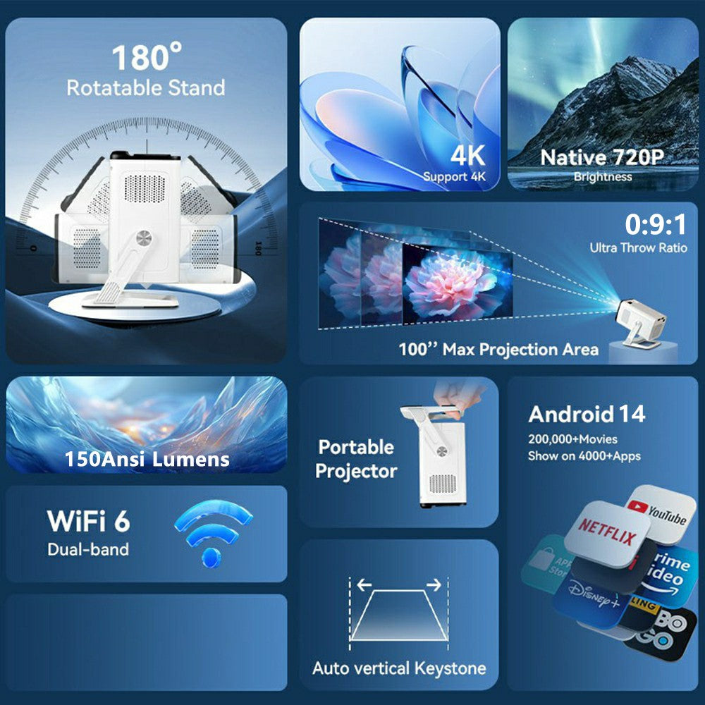 X1AR Android 14 Bærbar Projektor 1280x720P 4K 150 ANSI WiFi 6 BT 5.4 til Udendørs Hjemmebiograf