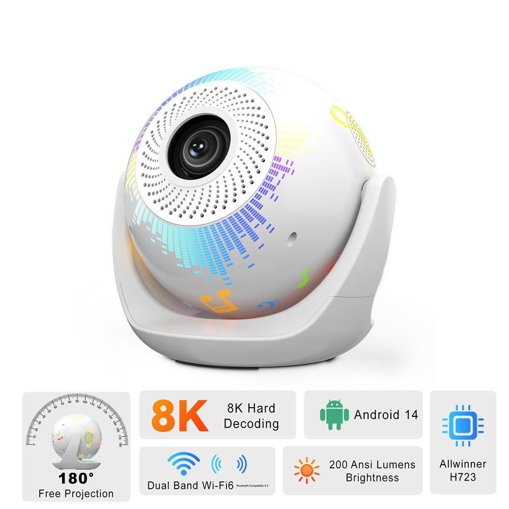 V6 Smart Projector 8K Decoding 200 ANSI Lumens 180° Rotation Android 14 Wi-Fi 6 Karaoke for Home Theater