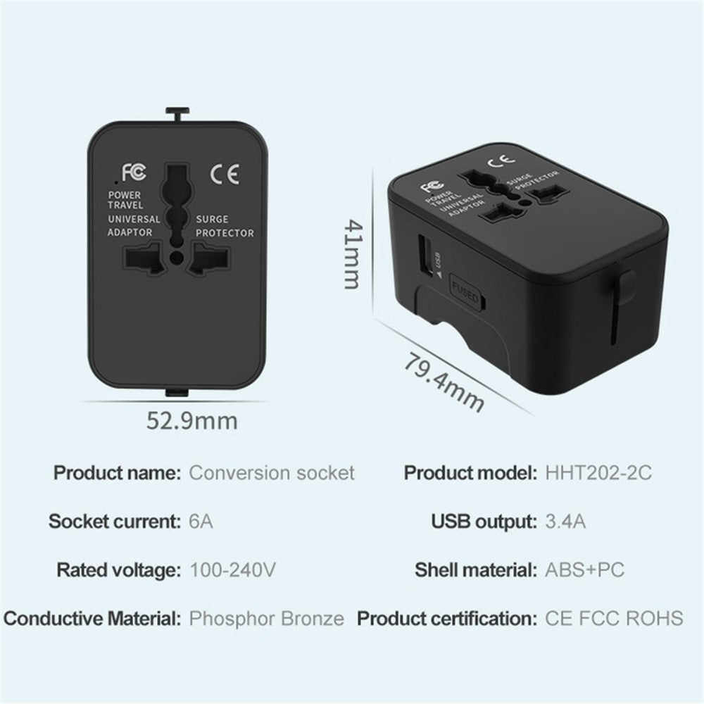 HHT202-2C 1xUSB+2x Type-C Charging Adapter Travel Universal Charger Converter