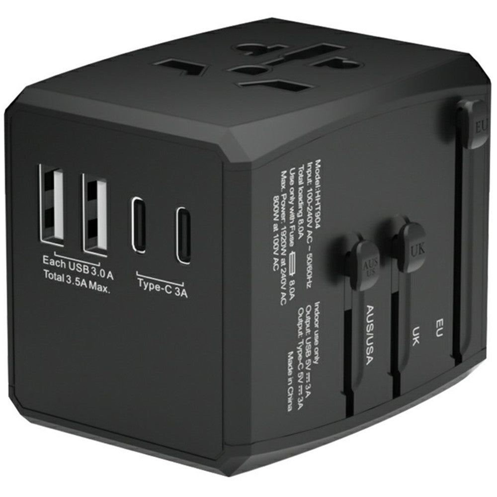 HH904 Verdensomspændende Rejseopladningsadapter Stikdåsekonverter med 2 USB + 2 Type-C