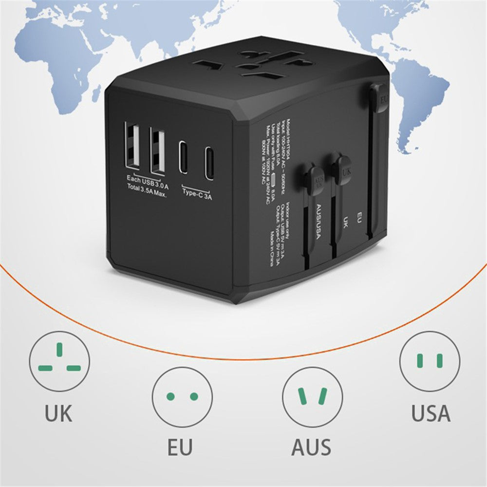 HH904 Verdensomspændende Rejseopladningsadapter Stikdåsekonverter med 2 USB + 2 Type-C
