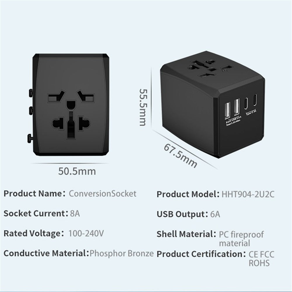 HH904 Verdensomspændende Rejseopladningsadapter Stikdåsekonverter med 2 USB + 2 Type-C