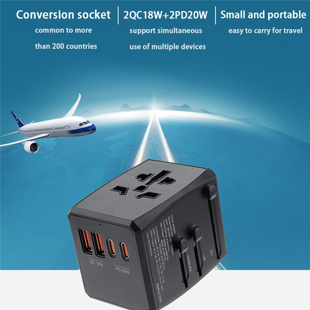 HH904 Worldwide Travel Power Adapter 2 QC + 2 PD Ports Fast Charging Wall Charger Plug Converter