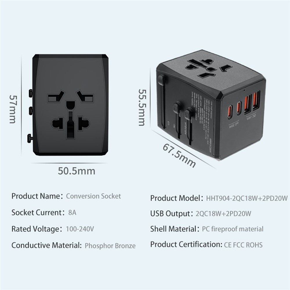HH904 Worldwide Travel Power Adapter 2 QC + 2 PD Ports Fast Charging Wall Charger Plug Converter