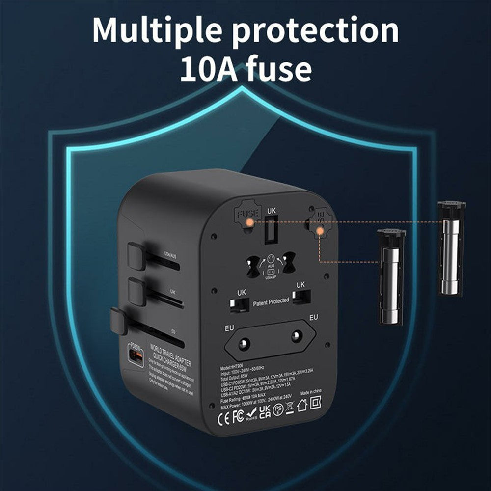 HHT906 PD 65W GaN Worldwide Travel Power Adapter 2xUSB+3xType-C Wall Charger Plug Converter