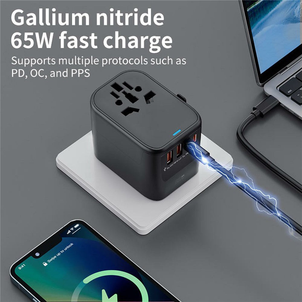 HHT906 PD 65W GaN Worldwide Travel Power Adapter 2xUSB+3xType-C Wall Charger Plug Converter
