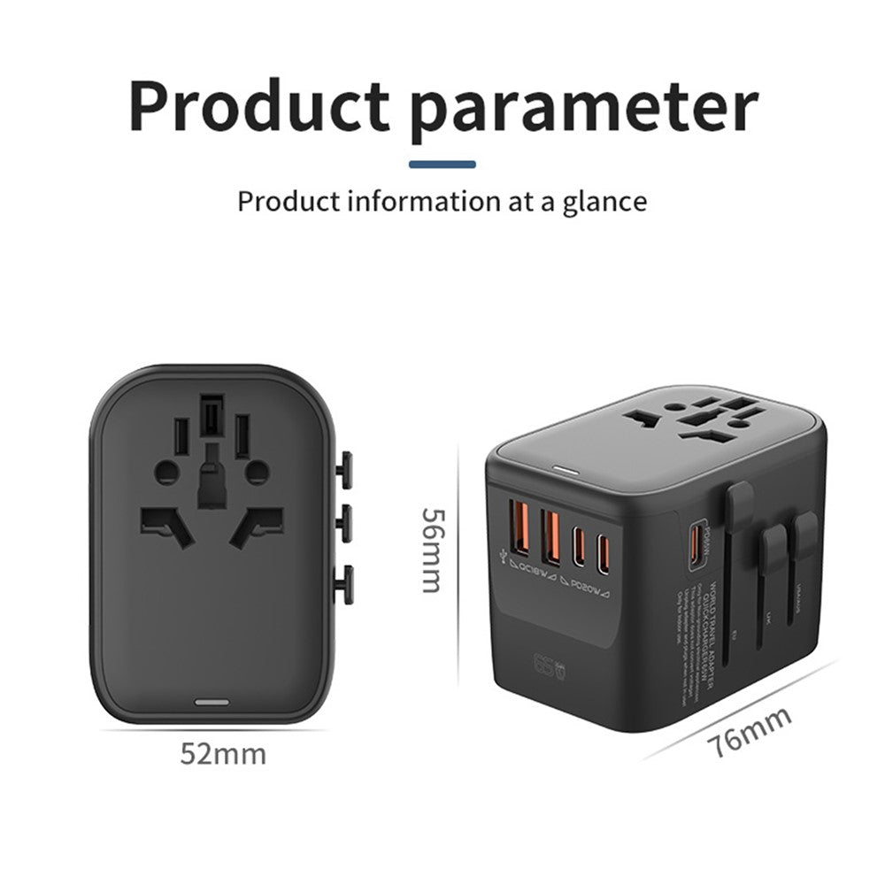 HHT906 PD 65W GaN Worldwide Travel Power Adapter 2xUSB+3xType-C Wall Charger Plug Converter