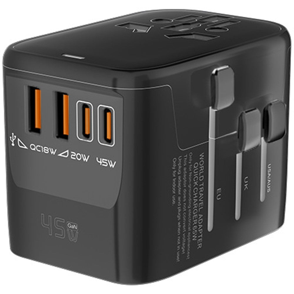 HHT906 PD 45W GaN Worldwide Travel Power Adapter 2xType-C + 2xUSB Charger Plug Converter