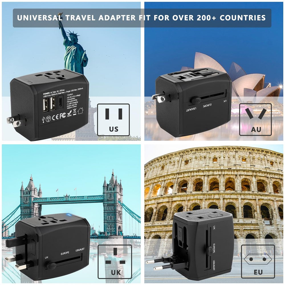 HHT525 Type-C + 2xUSB Universal Global Travel Power Adapter Charger Plug Converter