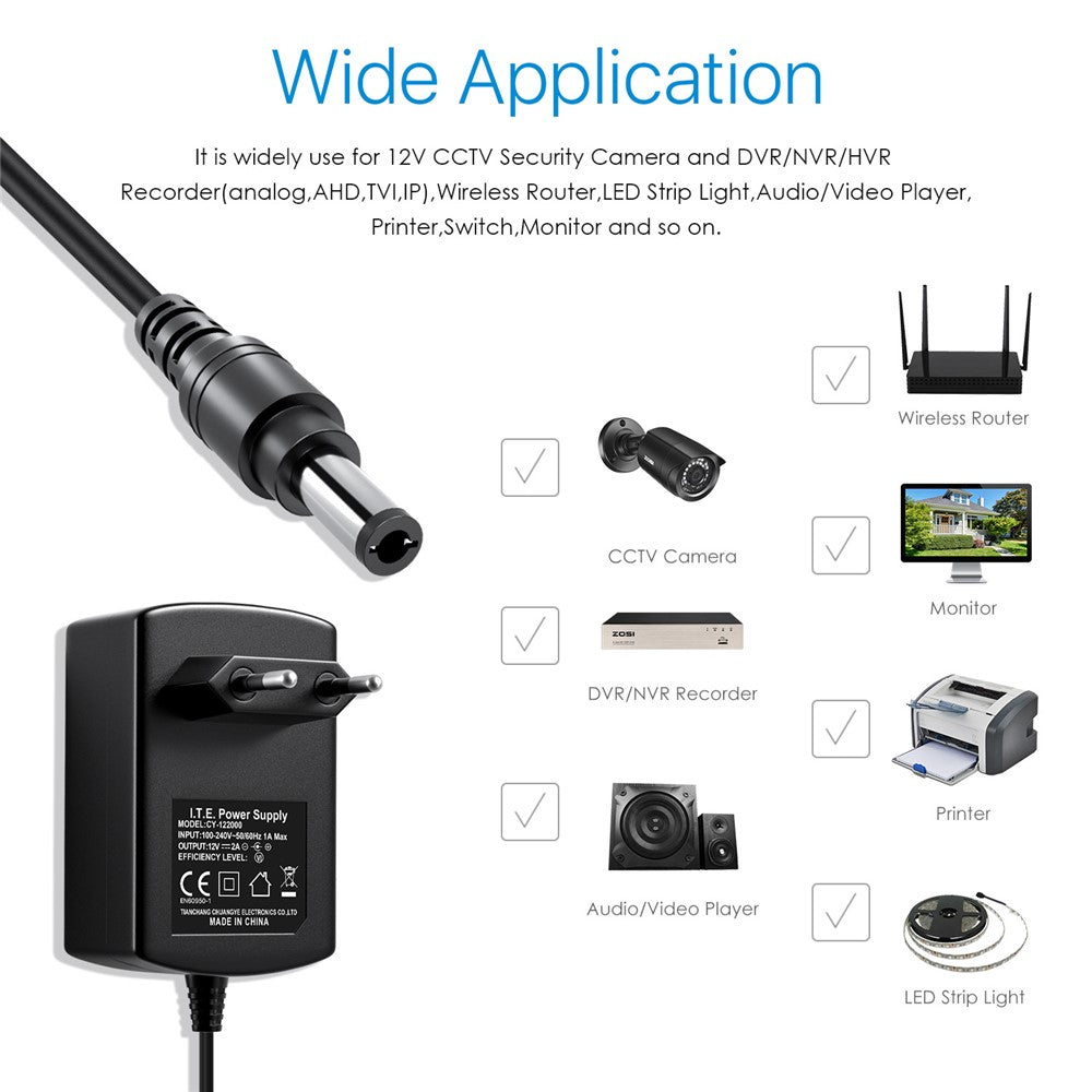 ZOSI DC 12V 2A 2000mA Power Supply Adapter for CCTV Security Camera Surveillance System