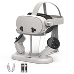 STARTRC GAMES Til Meta Quest 3 / 3S Opladerdockingstation med to batterier, RGB-stemningslys, holder til VR-headset
