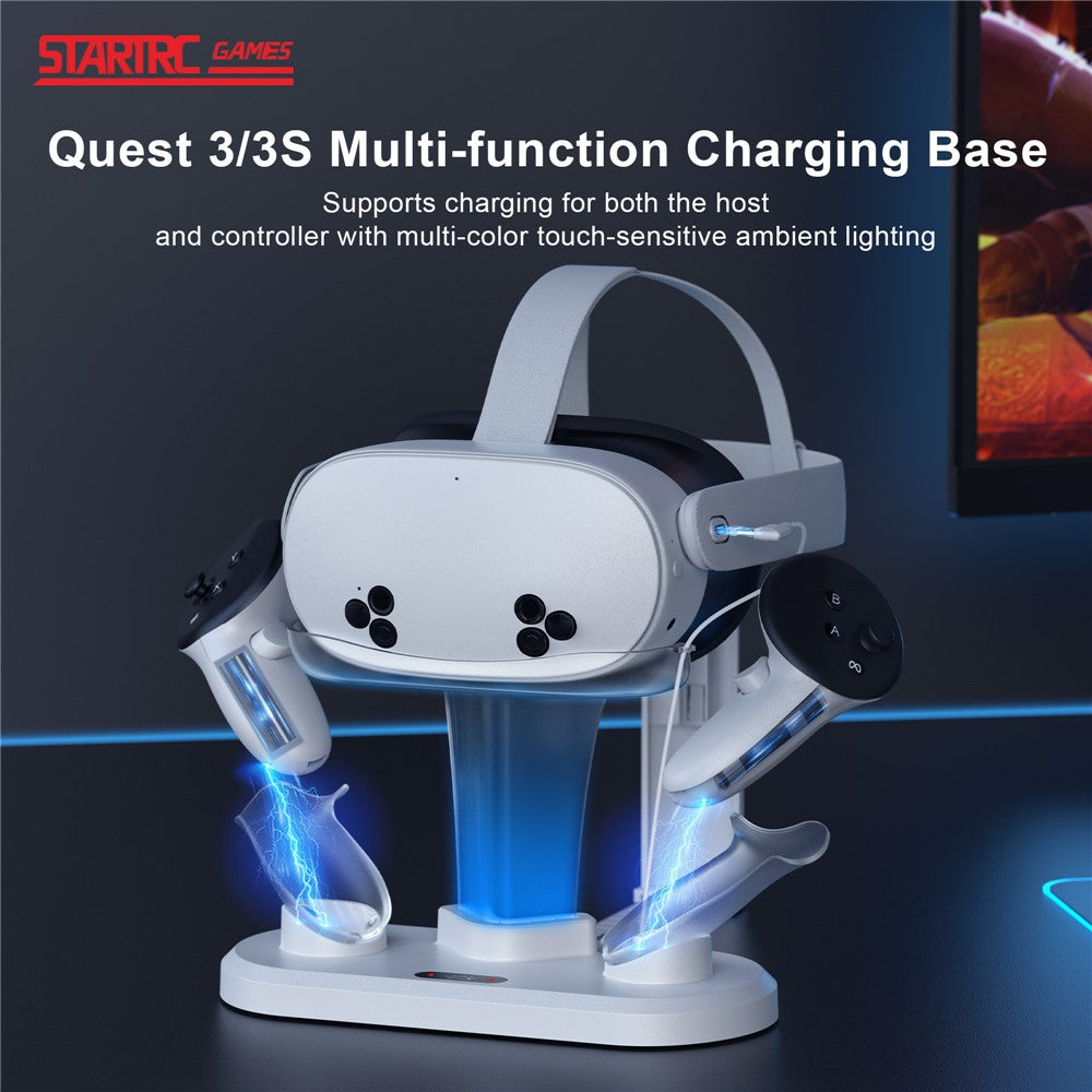 STARTRC GAMES Til Meta Quest 3 / 3S Opladerdockingstation med to batterier, RGB-stemningslys, holder til VR-headset