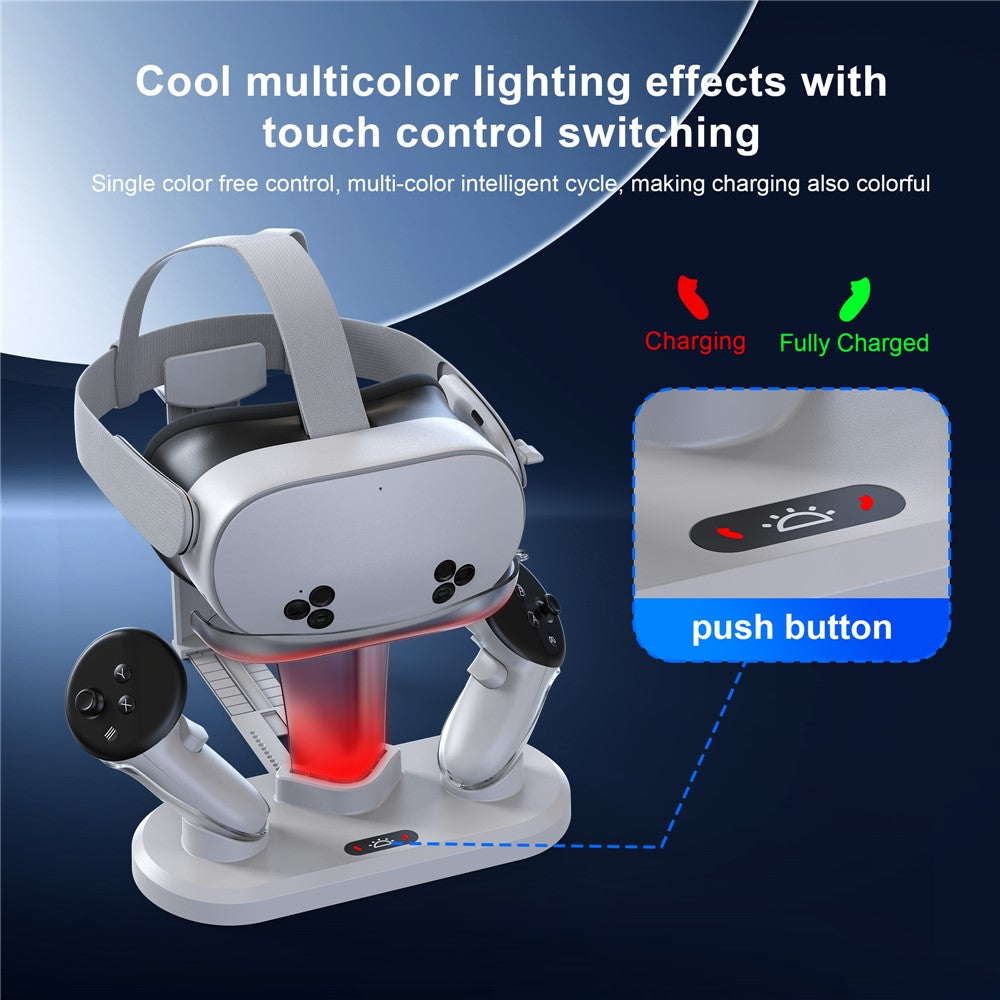 STARTRC GAMES Til Meta Quest 3 / 3S Opladerdockingstation med to batterier, RGB-stemningslys, holder til VR-headset