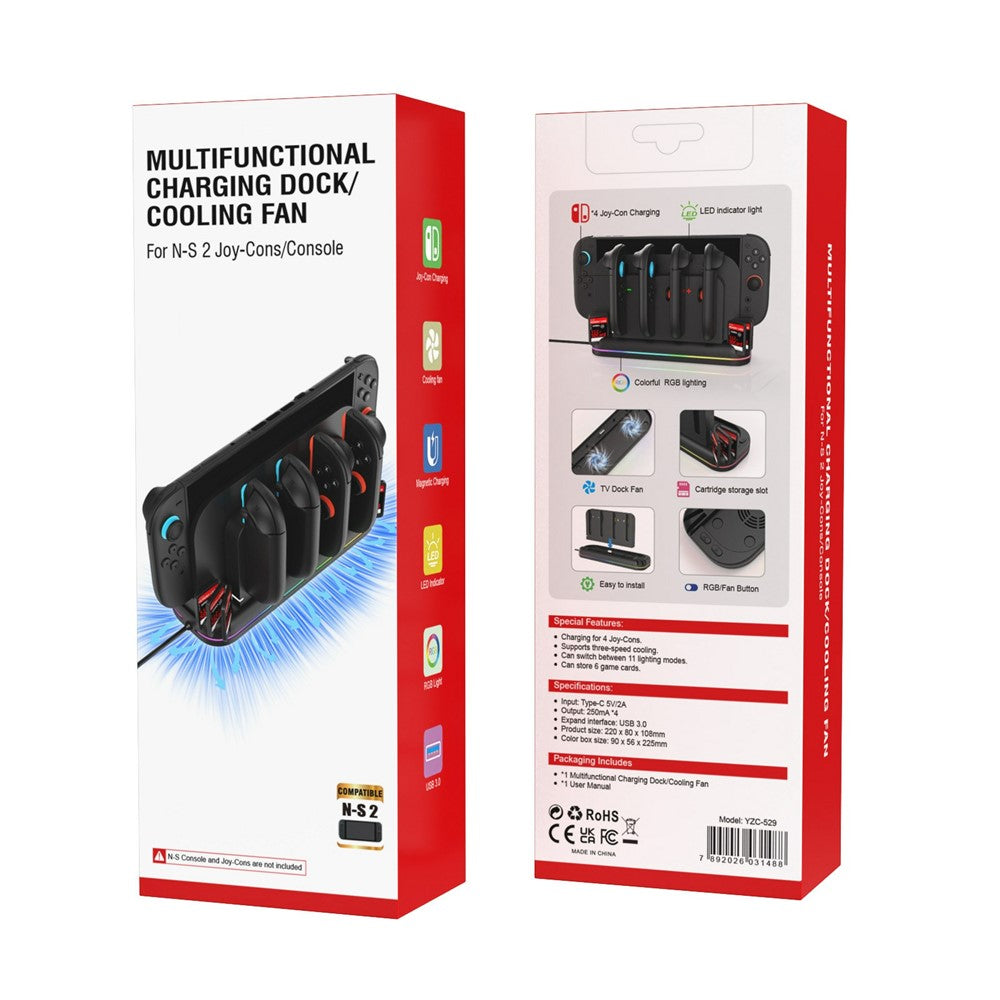 YZC-529 Multifunctional Joy-Con Charging Dock for Nintendo Switch 2 Magnetic 4 Slots Game Card Storage Cooling Fan Charging Station with RGB Lighting