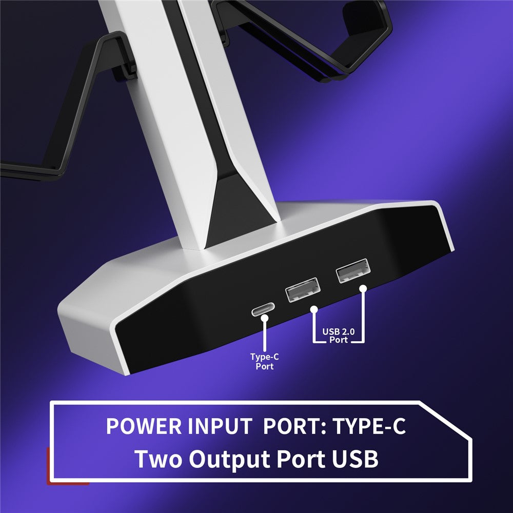 8006 RGB Gaming Controllerholder med hovedtelefonstativ USB-opladerporte 360 graders roterbar skrivebordsorganisator
