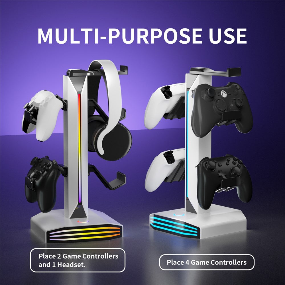 8006 RGB Gaming Controllerholder med hovedtelefonstativ USB-opladerporte 360 graders roterbar skrivebordsorganisator