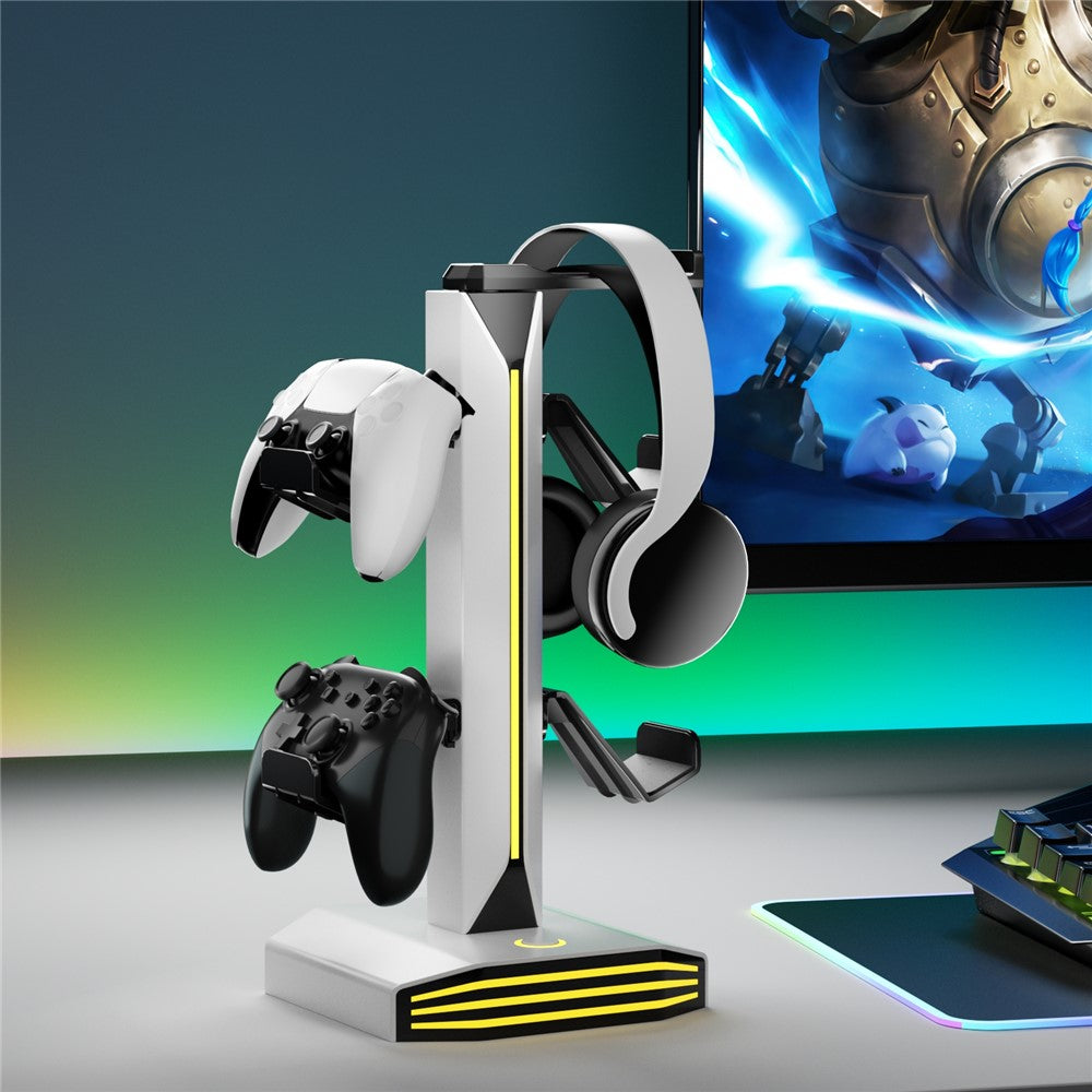 8006 RGB Gaming Controllerholder med hovedtelefonstativ USB-opladerporte 360 graders roterbar skrivebordsorganisator
