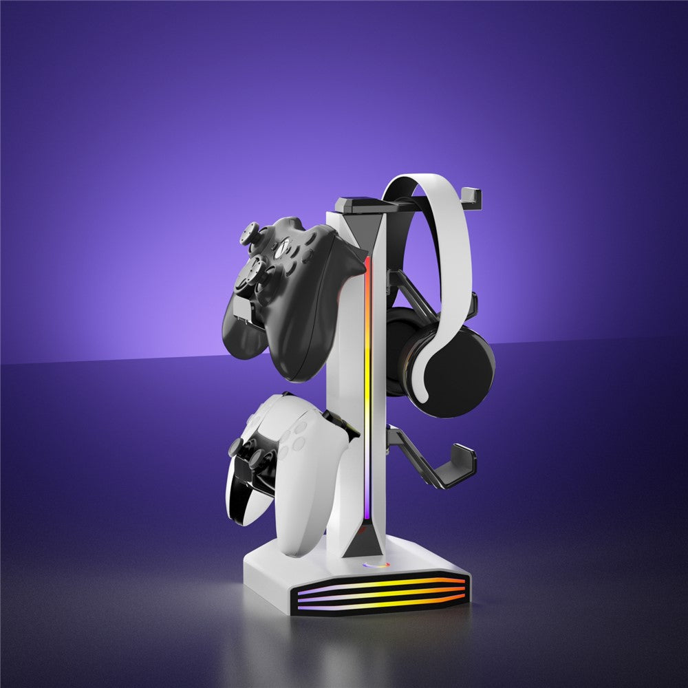 8006 RGB Gaming Controllerholder med hovedtelefonstativ USB-opladerporte 360 graders roterbar skrivebordsorganisator