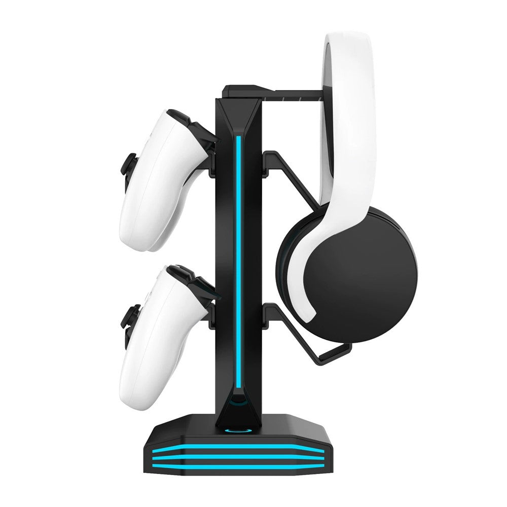8006 RGB Gaming Controllerholder med hovedtelefonstativ USB-opladerporte 360 graders roterbar skrivebordsorganisator