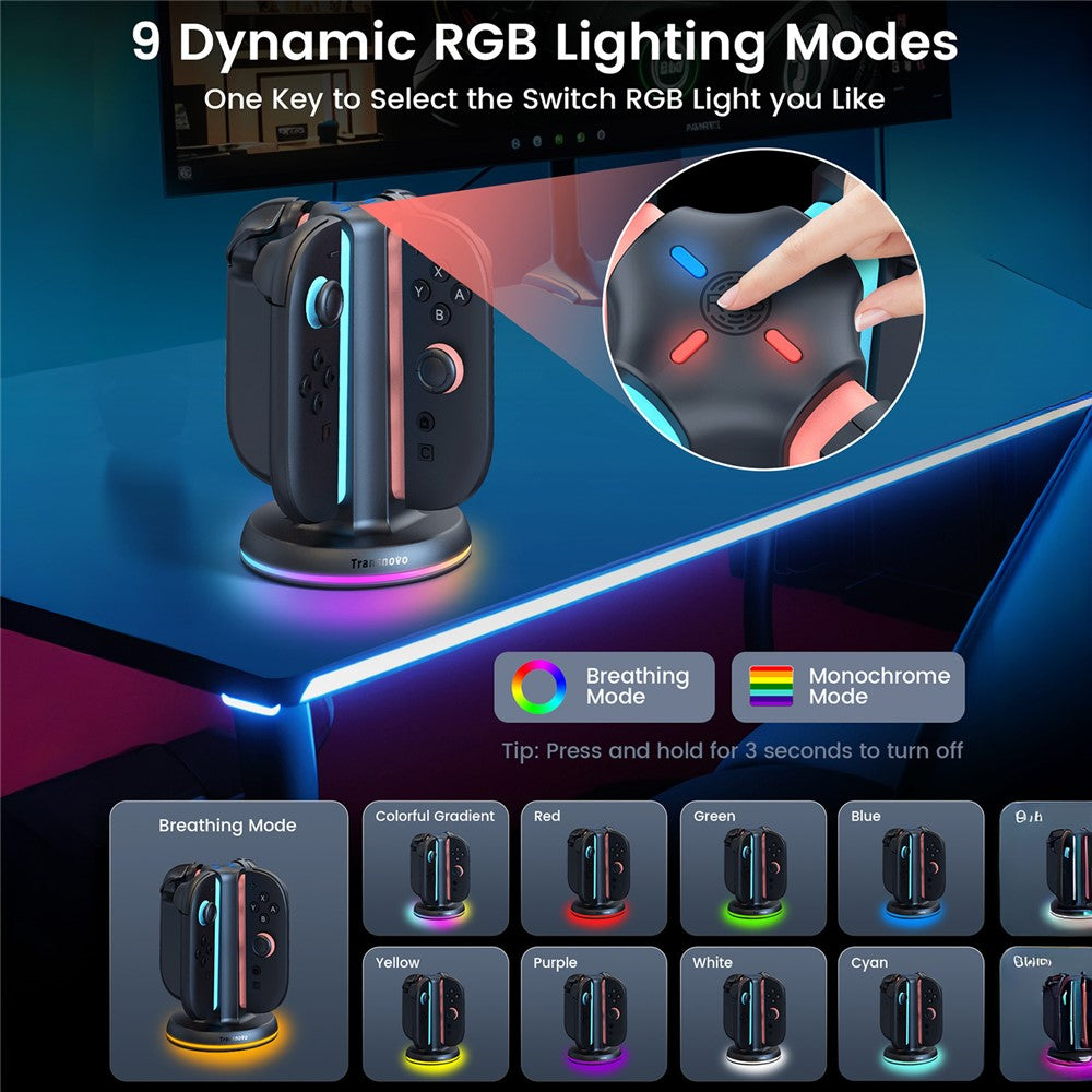 TRANSNOVO S73-002 4-in-1 Charging Dock for Nintendo Switch 2 Joy-Con Controllers RGB LED Touch Control Type-C Fast Charging Station