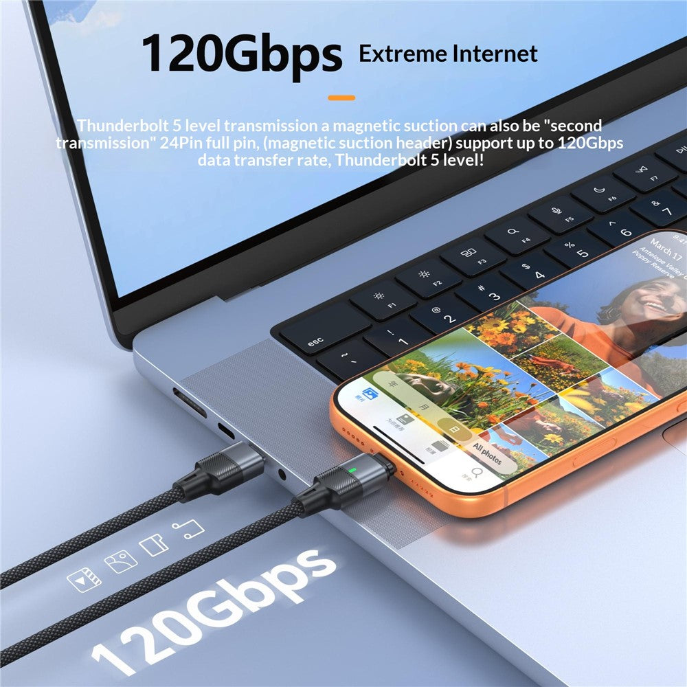 240W 1.2m Magnetic USB-C Cable 120Gbps Thunderbolt 5 Data Transfer Dustproof Type-C Charging Cable