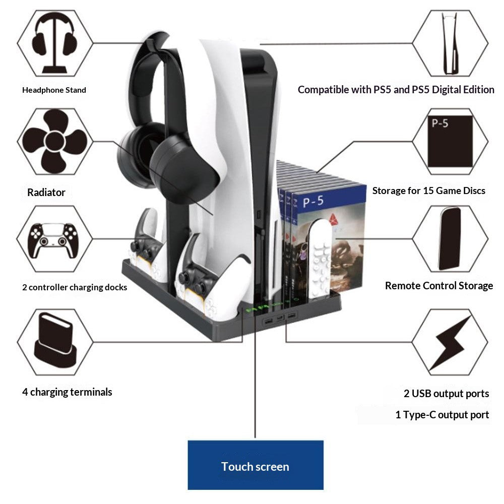 IPLAY HBP-271 For Sony PlayStation 5 Cooling Stand Dual Controller Charging Station Game Disc Storage Headset Holder Desktop Organizer