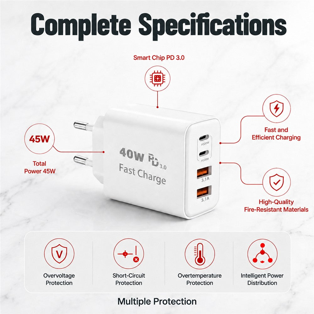 D-POWER 8269 EU Plug PD 20W Fast Charger 2 USB-C + 2 USB-A Power Adapter for Travel Office Home