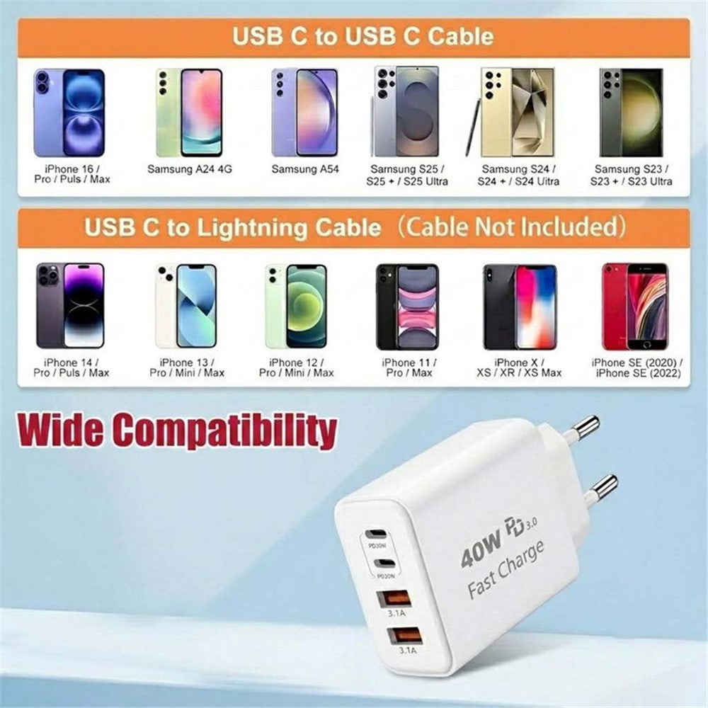 D-POWER 8269 EU Plug PD 20W Fast Charger 2 USB-C + 2 USB-A Power Adapter for Travel Office Home