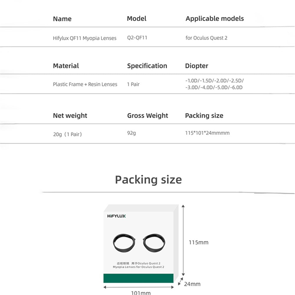 HIFYLUX QF11 1 Pair -3.0D Myopia Lenses Aspherical Nearsighted Corrective Resin Glasses Lenses VR for Oculus Quest 2 VR Glasses Accessories