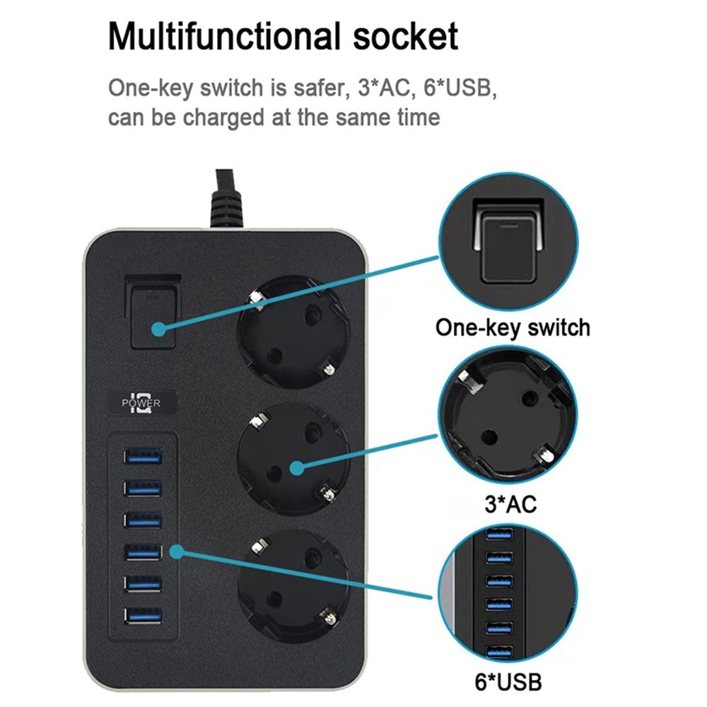 EU Plug 3000W High Power Strip 2m Extension Cable 3 AC Outlets with 6 USB Output Port (CE Certified)