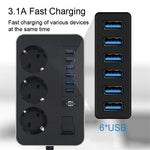 EU Plug 3000W High Power Strip 2m Extension Cable 3 AC Outlets with 6 USB Output Port (CE Certified)
