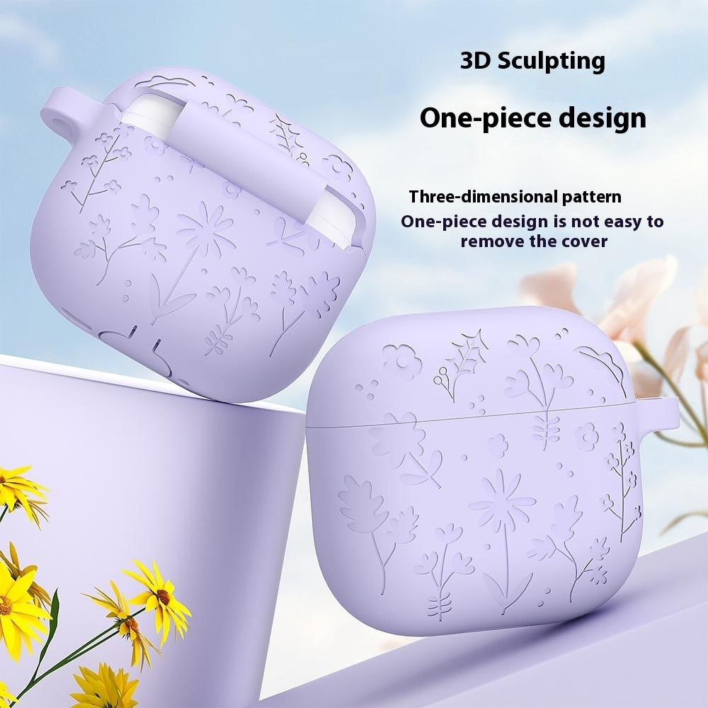 Til AirPods 4 Etui Blomstermønster Flydende Silikone Høretelefoncover med Karabinhage