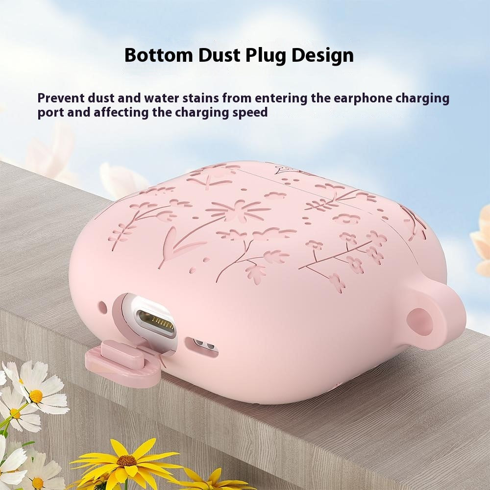 Til AirPods 4 Etui Blomstermønster Flydende Silikone Høretelefoncover med Karabinhage