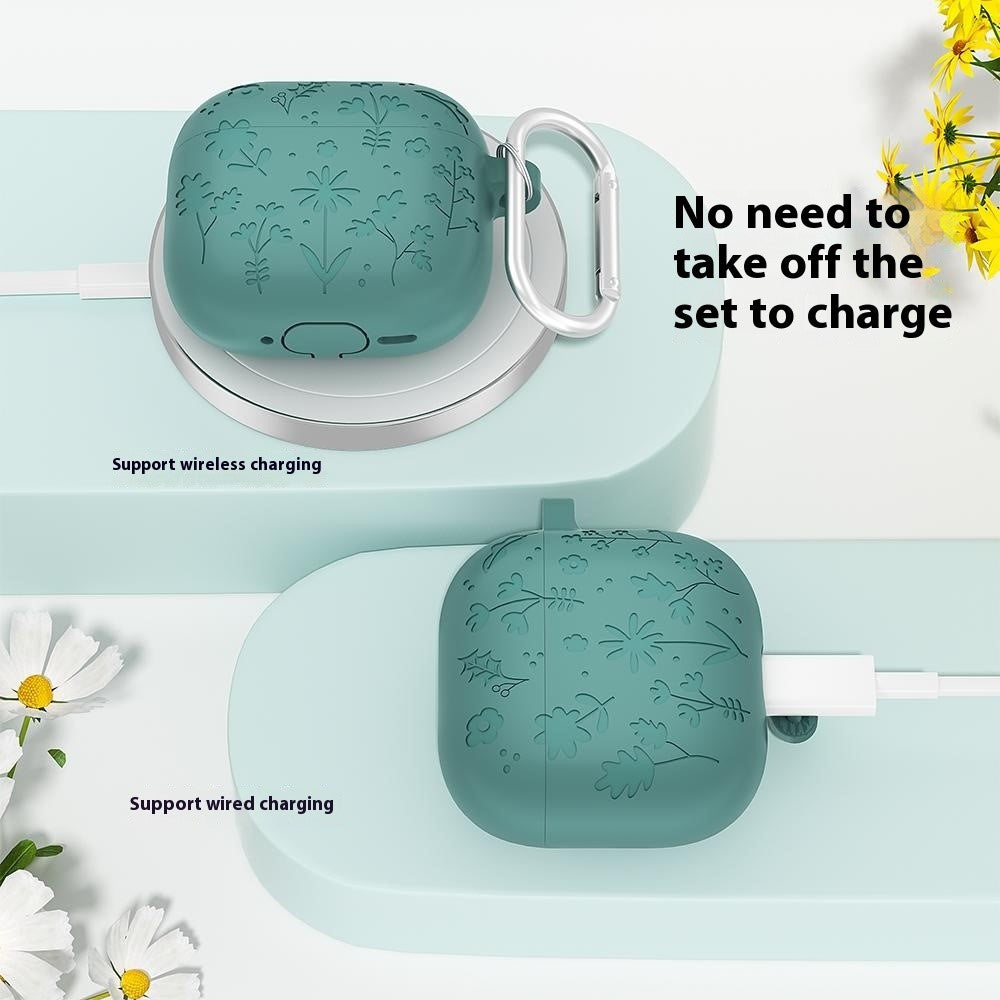 Til AirPods 4 Etui Blomstermønster Flydende Silikone Høretelefoncover med Karabinhage