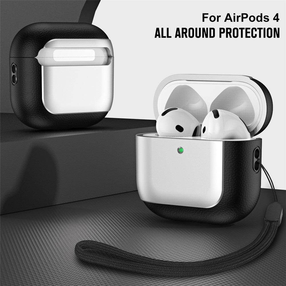 For AirPods 4 TPU Case Electroplating Litchi Texture Fall Prevention Earphone Cover with Lanyard