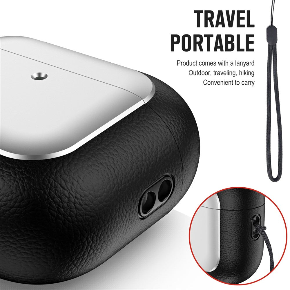 For AirPods 4 TPU Case Electroplating Litchi Texture Fall Prevention Earphone Cover with Lanyard
