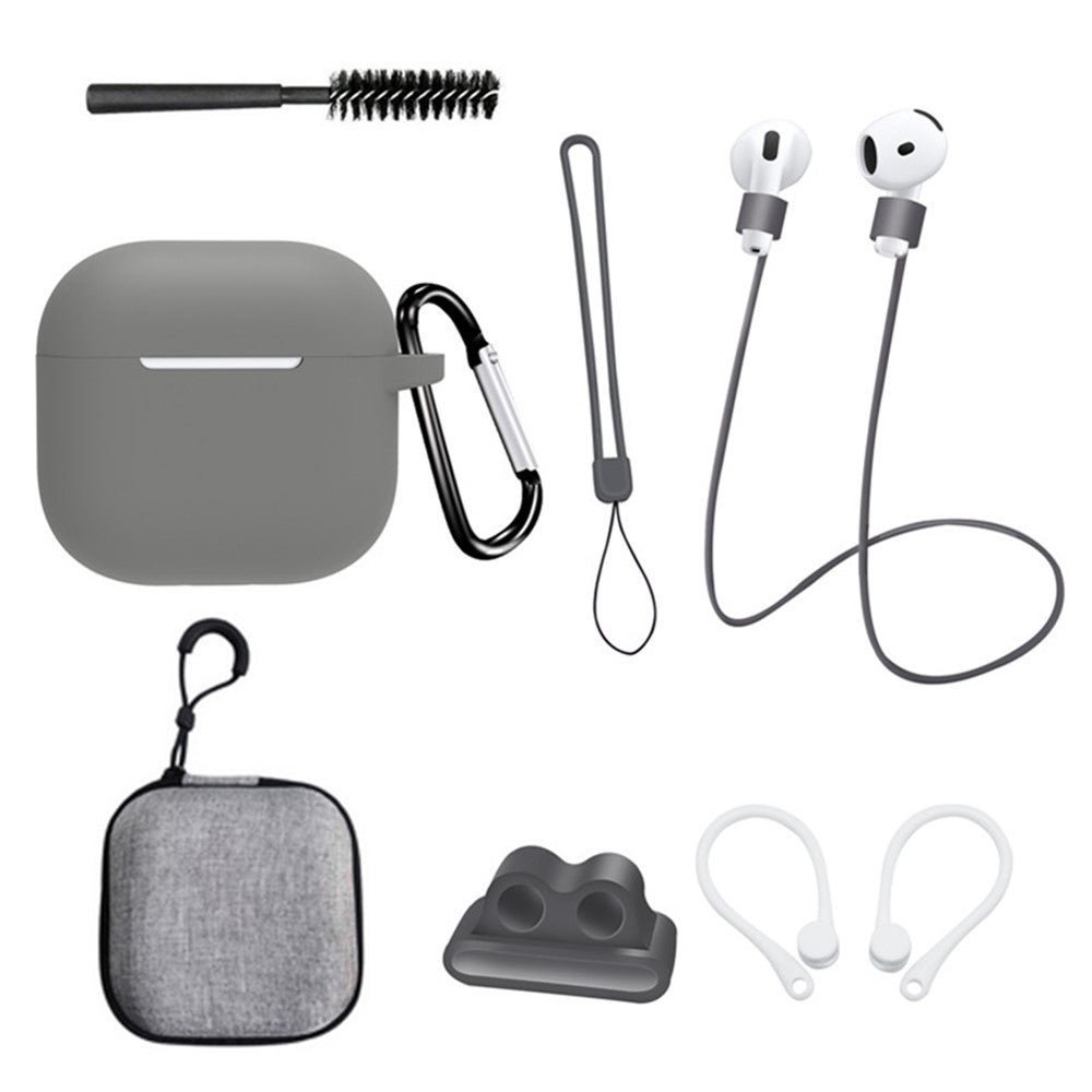 8 stk. / sæt til AirPods 4 beskyttende etui med anti-tabt rem, urclips, ørekroge, karabinhage, rensebørste, grå taske