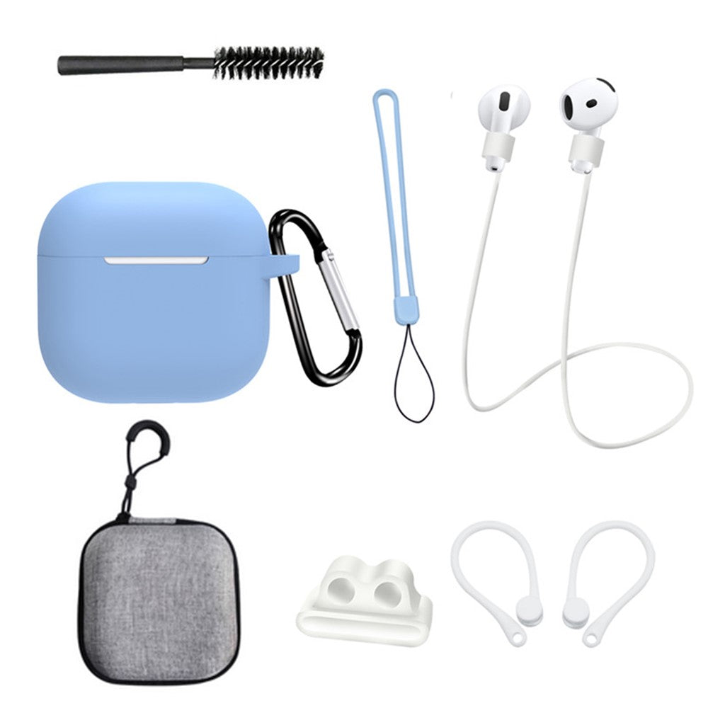 8 stk. / sæt til AirPods 4 beskyttende etui med anti-tabt rem, urclips, ørekroge, karabinhage, rensebørste, grå taske