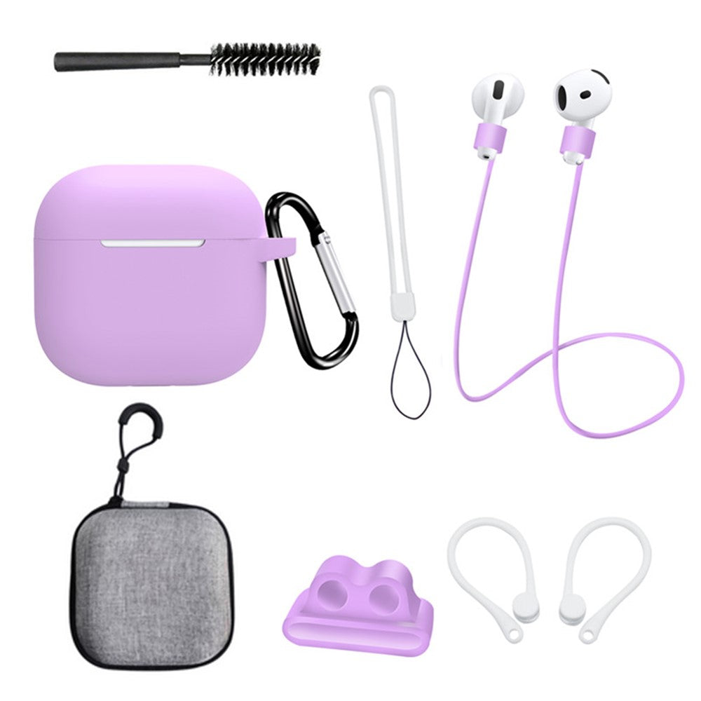 8 stk. / sæt til AirPods 4 beskyttende etui med anti-tabt rem, urclips, ørekroge, karabinhage, rensebørste, grå taske