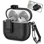 For AirPods 4 Case Leather Texture Lock Stand Design Earphone Protective Cover with Carabiner