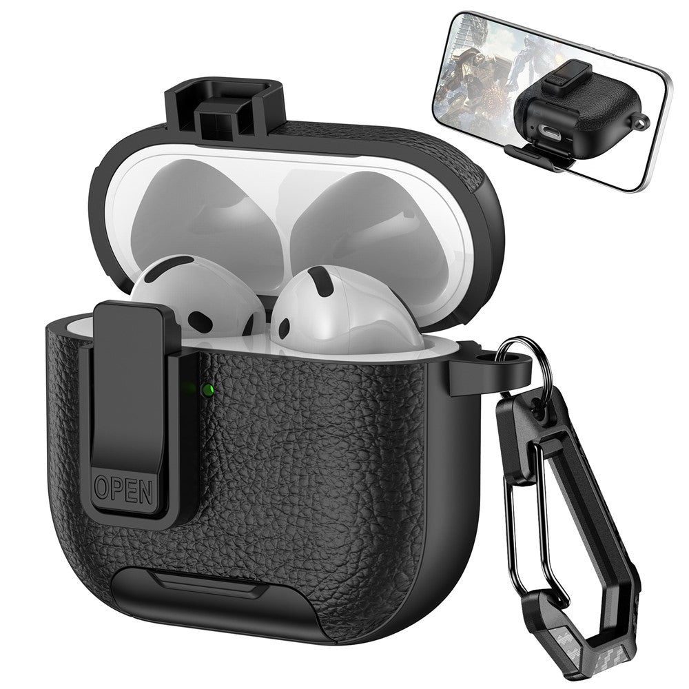 For AirPods 4 Case Leather Texture Lock Stand Design Earphone Protective Cover with Carabiner