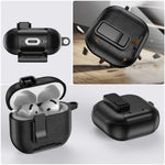 For AirPods 4 Case Leather Texture Lock Stand Design Earphone Protective Cover with Carabiner