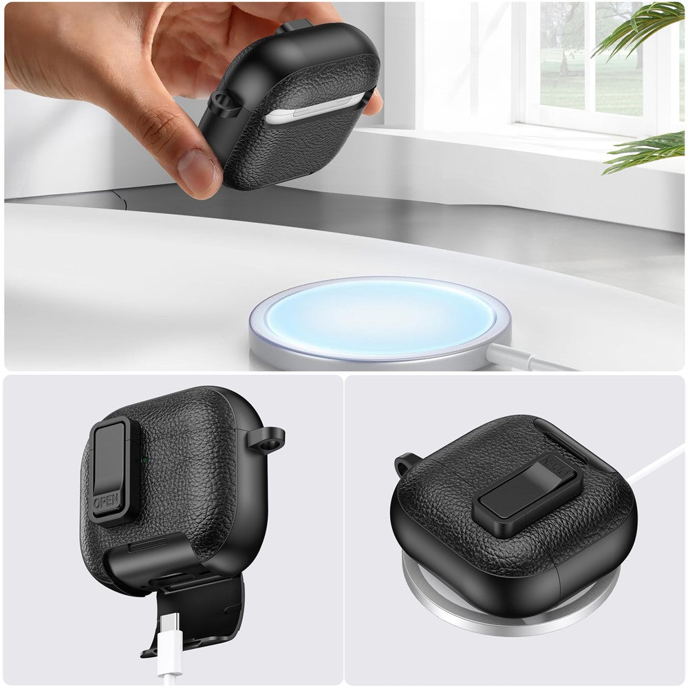For AirPods 4 Case Leather Texture Lock Stand Design Earphone Protective Cover with Carabiner