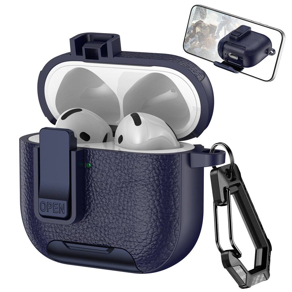 For AirPods 4 Case Leather Texture Lock Stand Design Earphone Protective Cover with Carabiner