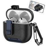 For AirPods 4 Case Leather Texture Lock Stand Design Earphone Protective Cover with Carabiner