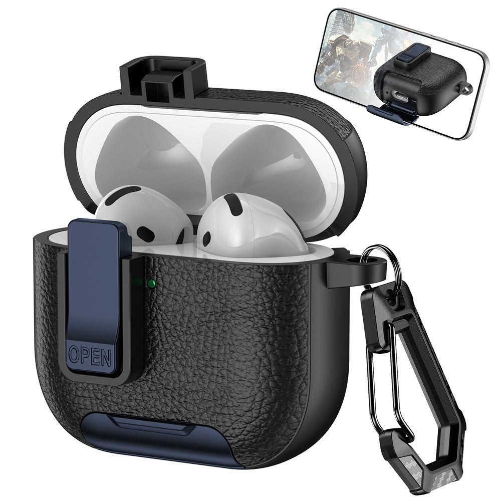 For AirPods 4 Case Leather Texture Lock Stand Design Earphone Protective Cover with Carabiner