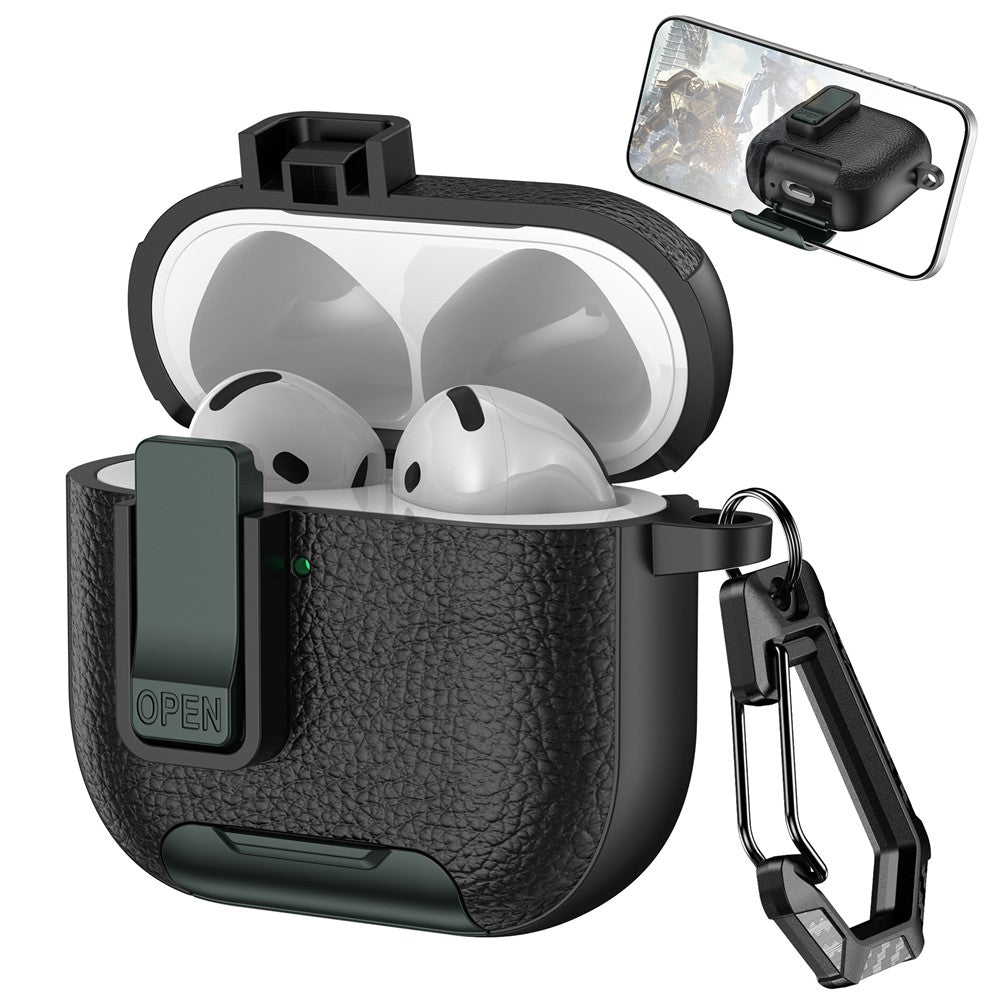 For AirPods 4 Case Leather Texture Lock Stand Design Earphone Protective Cover with Carabiner
