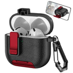 For AirPods 4 Case Leather Texture Lock Stand Design Earphone Protective Cover with Carabiner