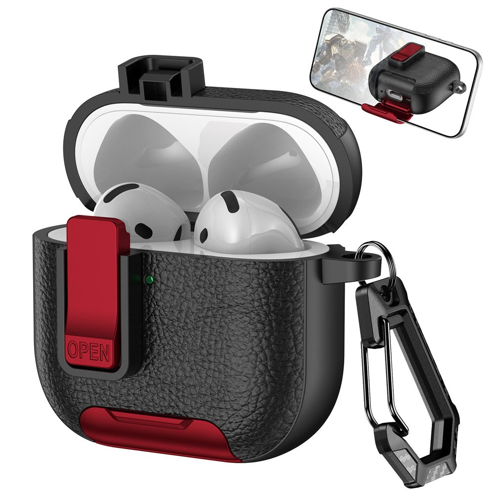For AirPods 4 Case Leather Texture Lock Stand Design Earphone Protective Cover with Carabiner